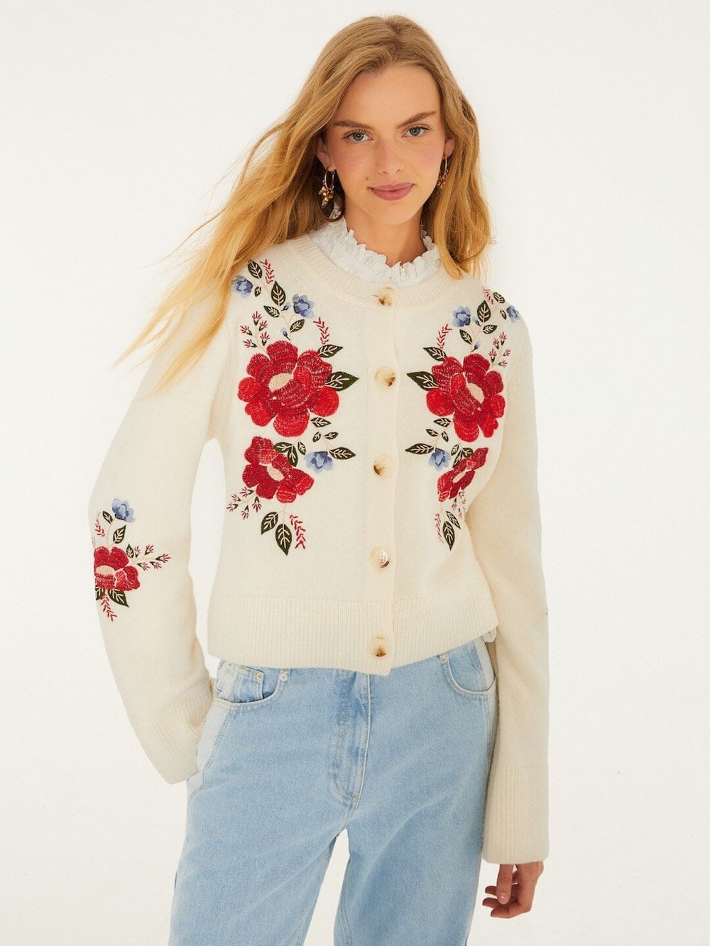FARM Rio Cream Embroidered Flowers Buttoned Knit Cardigan!